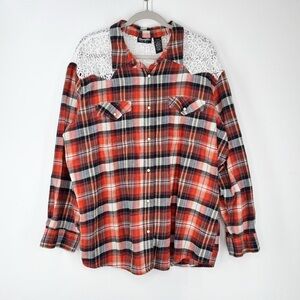 Wrangler Retro Orange Plaid Flannel White Lace Women’s Size XXL